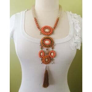 Handmade Chunky Statement Pendant Tassel Necklace. Unique Orange Boho Festival